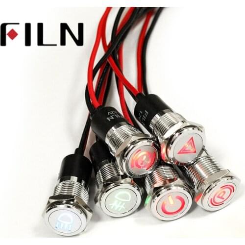 FILN 14mm panel hole car applicancance led red yellow white blue green 6v 24v 110v 220v mini led indicator light with 20cm cable