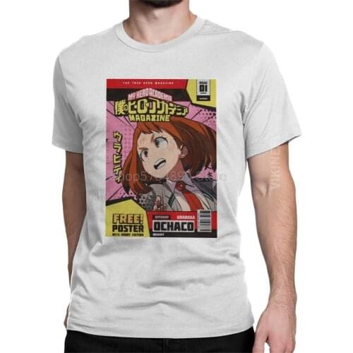 My Hero Academia Magazine Uraraka Ochaco Anime Manga T Shirts Man Gray Clothes Novelty T-Shirt Crewneck 100% Cotton Tees
