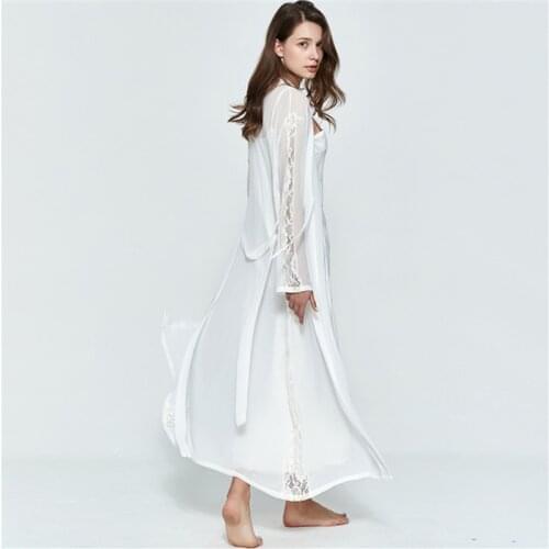 Nightgown female long bathrobe sexy lace white pajamas transparent home service explosion rayon robe new 2020 nightwear pijamas