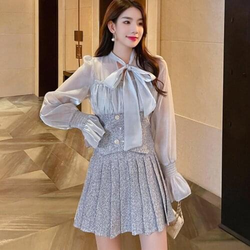 New Chic Autumn Sweet Ladies Korean 2 Piece Set Elegant Women Bow Flare Sleeve Tweed Blouse Top+Pleated Mini Skirt Suits Outfits