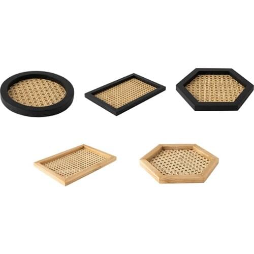 Home Nordic Rattan Woven Tray Wooden Handmade Ins Wind Rectangular Geometric Ornament Key Storage Tray Retail