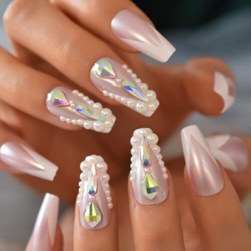 Pink White Border professional nail Long Fake Nail Coffin Artificial Nail Tips With Pearl and Crystal For Party