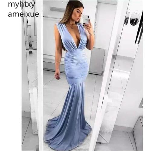 Blue And Red Evening Dresses Deep V-neck Sleeveless Backless Mermaid Mate Mermaid Vestidos De Fiesta De Noche Robe De Soiree