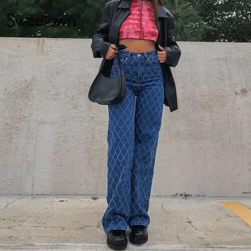 Sweetown Blue 90s Aesthetic Baggy Jeans Women Plaid Pattern Vintage Streetwear Straight Pants Pockets Mid Waist Denim Trousers