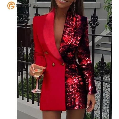 High Quality Red Silver Long Sleeve Glitter Sequin Crepe Tuxedo Blazer Dress Girl Fashion Gown Party Wear