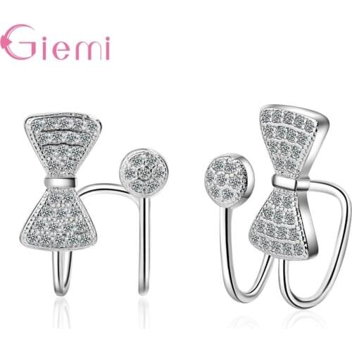 New Women 925 Sterling Silver Clear Zircon Cute Bowknot Clip Earring For Girls Lady Sweet Gift Earring Korea No Ear Hole Jewelry