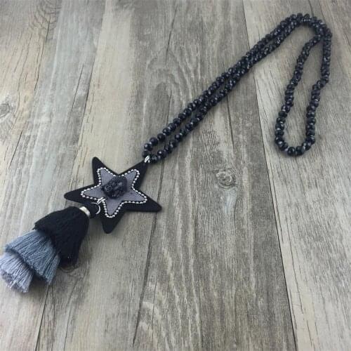 Women Statement Necklaces Glass Bead String Long Necklace Female Star Flannel Resin Buddha Tassel Pendant Necklace