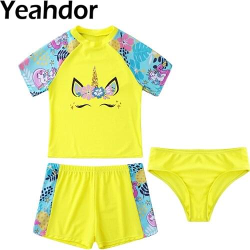 3Pcs Kids Girls Summer Swimwear Short Sleeves Cartoon Print Tops with Shorts and Briefs Set Beach Swimming Bathing Rashguard Set