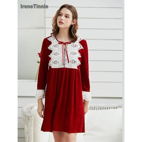 Irene Tinnie Velvet Warm Nightdress Cute Bow Lace Nightwear Lingerie Nightgown Casual Soft Sleepwear Bath Gown Homewear