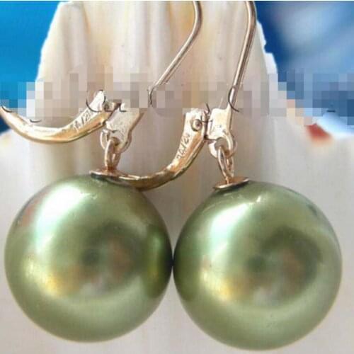 Free Shipping Natural 14mm Round Green Sea Shell Pearl Earrings