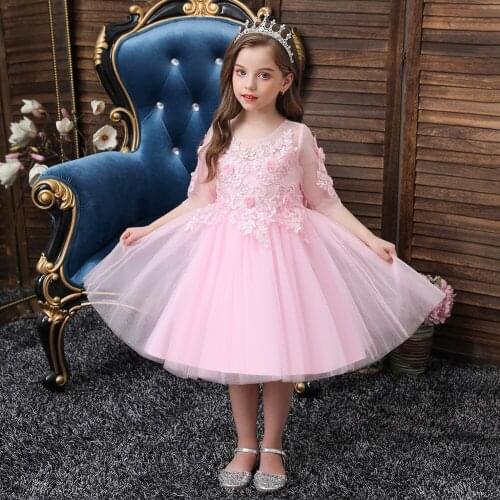 Spring, autumn and summer childrens dress applique short-sleeved girls costume solid color lace girl princess dress