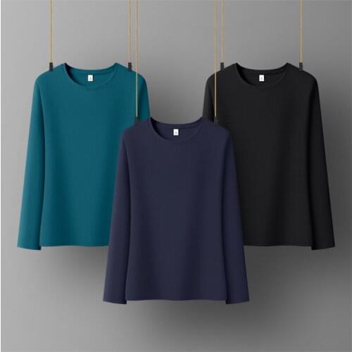 Women Soft Cotton T-shirt Round collar Solid color Lady Tees Long Sleeve Womens clothings All match Female T-shirts