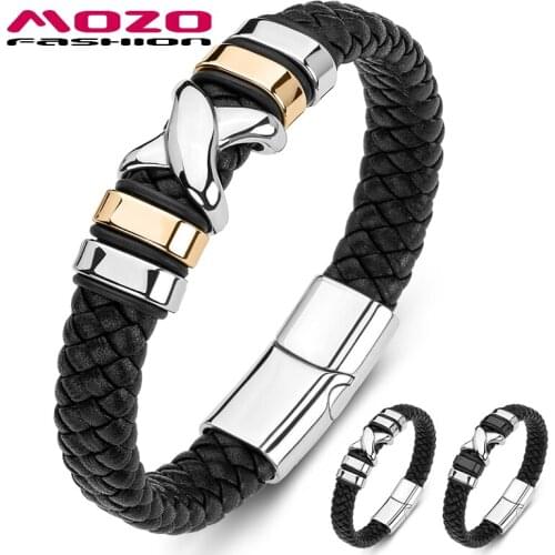 Hot Sale Man Bracelets Braided Cross Stainless Steel Trendy Punk Genuine Leather Bangles Women Jewelry