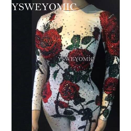 Black white Multicolor Rose Flowers Jumpsuit Evening Party Stretch Rhinestones Costume Stage Wear Rhinestone Celebrate Bodysuit