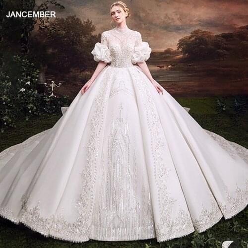LDR97 Wedding Dress White High Neck Puff Sleeve Elegant Applique Beaded Back Button Design Long Train Bridal Gown белое платье
