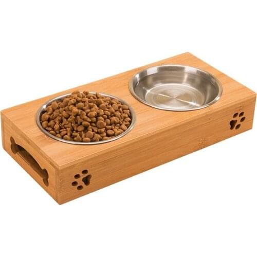 Pet dog bowl bamboo dish rack stainless steel bowl dog Teddy rice bowl food bowl cat bowl single double easy to clean