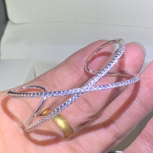 Fashion Jewelry Handmade 925 Sterling Silver Pave White Clear 5A Cubic Zirconia Bridal Open Adjustable Bangle Gift