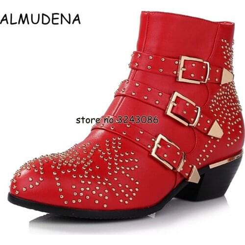 New Leather Black Red White Rivets Booties Buckle Straps Thick Heel Ankle Boots Studded Decorated Motorcycle Boots Shoes Woman