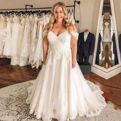 Stunning Plus Size Wedding Dress Off the Shoulder Appliques Lace Wedding Gowns Custom Made A Line Tulle Long Bride Dresses