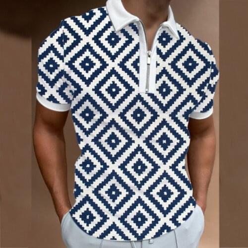 Mens Short Sleeve Top Casual Geometric Print Polyester Zipper Lapel Summer Polo Shirt Top Casual Dress Shirt Men Manga Corta