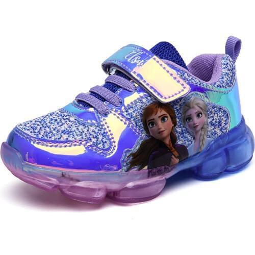 Disney girls sports shoes spring summer new high-top childrens casual shoes LED light rubber artificial leather elsa shoes