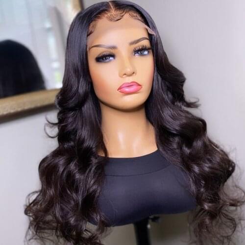 Middle Part Natural Black 26 Inch Long Body Wave Synthetic Lace Front Wig for Woman With Babyhair Glueless Heat Resistant Daily