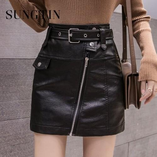 Sungtin Korean Casual Zipper Sashes Plus Size Faux Leather Mini Skirt Women High Waist PU Skirt with Belt Female Bodycon Skirt