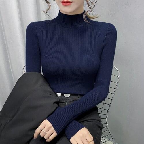 Mock Neck Sweaters Women Elastic Bottom Knitwear Winter Clothes 2021 New Turtleneck Knitted Jumper Tops Elegant Knitwear