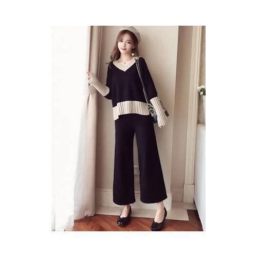 Maternity Nursing Sets V Collar Breastfeeding Knitted Sweater +Elastic Waist Wide Leg Pants Pregnant Two Piece Suit Pregnant Set