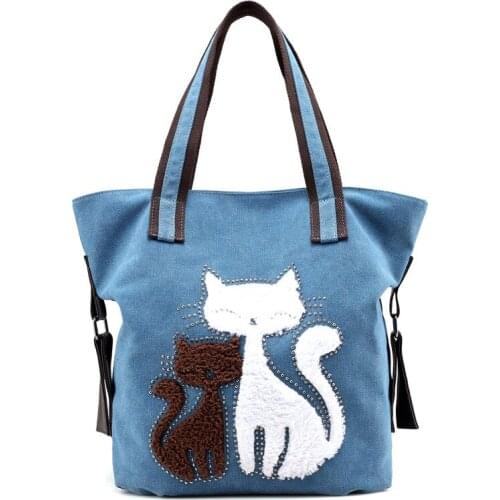 Large Capacity Women Handbags Female Tote Bag Women Bag Embroidered Cat Women Canvas Bag Casual Lady Shoulder Bags