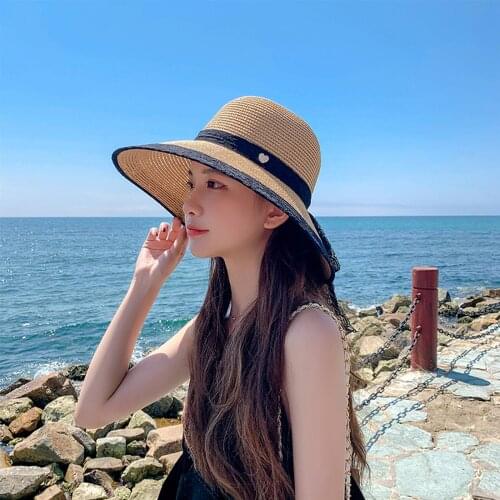Women Sunshade Wide Brims Hat Outdoor Summer Sunscreen Beach Straw Sun Hat Soild Color Beautiful Big Bow Lovely Girls Hat