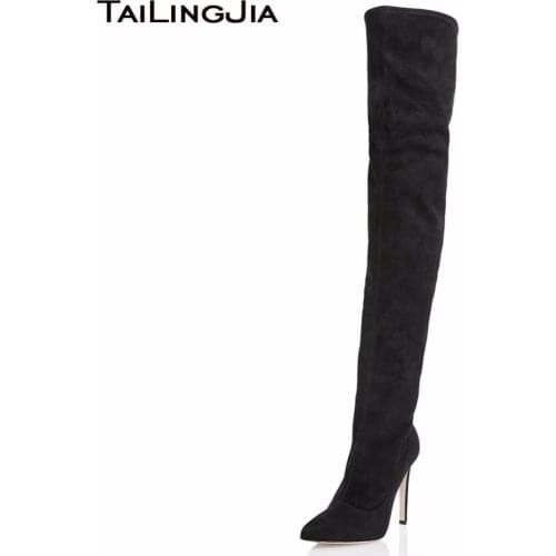 Women High Heel Black Stretch Suede Over Knee Thigh High Boots Ladies Pointed Toe High Heel Winter Keep Warm Shoes Free Shipping
