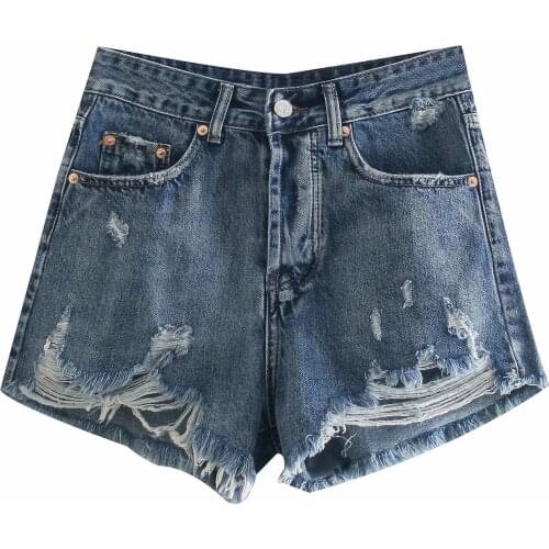 Withered Summer High Street Vintage Mom High Waist Hole Denim Short Feminino burrs Loose Denim Bermuda Shorts Women