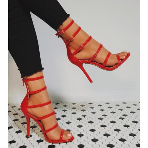 2018 Summer Hot Red Patent Leather Women Sexy High Heels Thin Buckles Ladies Zipper Back Fashion Stiletto Party Shoes Size 42