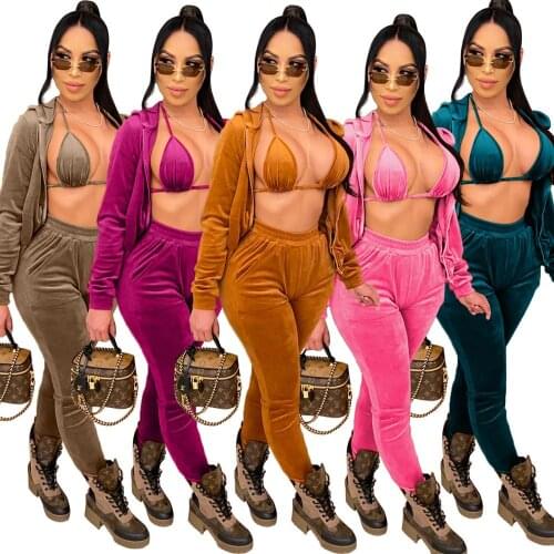Velvet Three Piece Set Long Sleeve Hooded Coat+Spaghetti Straps Bra+Bandage Pants Suit Women Fall Winter Streetwear Tracksuits