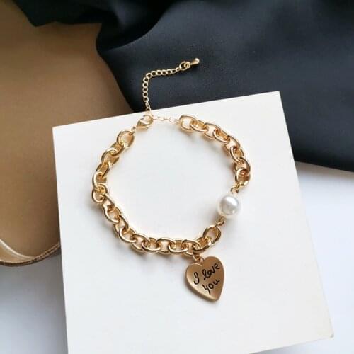Minar Creative Gold Color Chain Pendant Bracelet for Women Ladies Alloy Big Pearl Letter Print Coin Charm Bracelets Accessories
