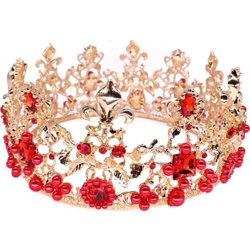 Popular Baroque Womens Metal Headdress Bride Queen Crown Red Rhinestone Inlay Hair Accessories Wedding Gift Jewelry