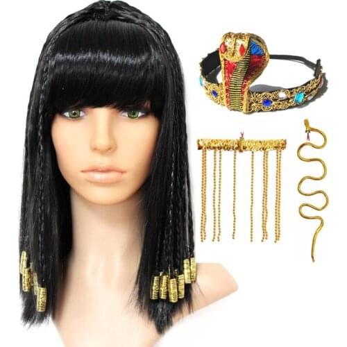 Cleopatra Cosplay Wig Egypt Queen Black Hair Gold Beads Decoration Dance Halloween Party Role Play Cosplay Wigs + Wig Cap