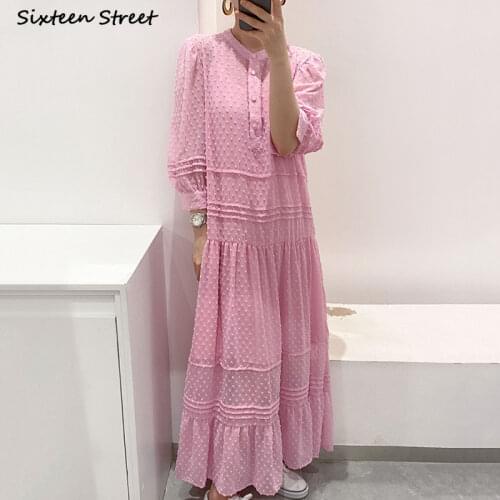 Elegant Pink Dress Woman O-neck Single-breasted Maxi Vestido Woman Dresses Polka Dot Vintage Loose Long Dress Woman Spring 2021