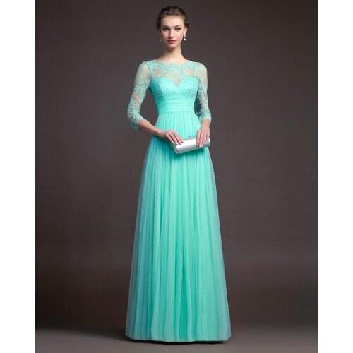 2017 Elegant chiffon Womens floor-length Dress Sexy lace seven-length Sleeve Alluring Back Blevening dress ball gown Dresses