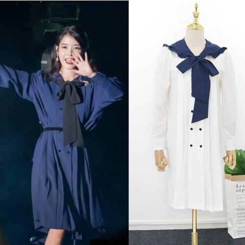 Kpop IU Lee Ji Eun Streetwear Fashion Blue Bow-Kont Sweet Dress Women Japanese College Style Kawaii Loose Long Sleeve Dresses
