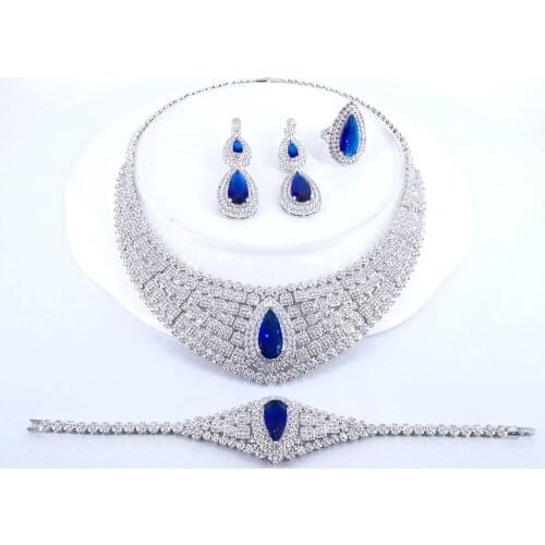 2021 NEW FASHION LUXURY BLUE CZ zircon necklace earring bracelet ring wedding bridal banquet dinner dressing party jewelry set