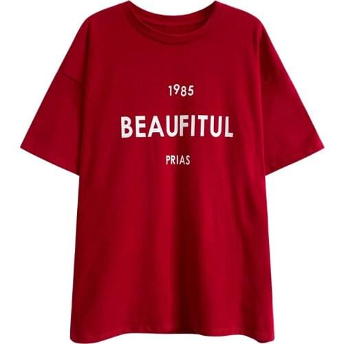 2021 Women Summer Letter Print O-Neck T Shirts Short Sleeve Cotton Women Tops Red White Color Loose Women Casual Tees