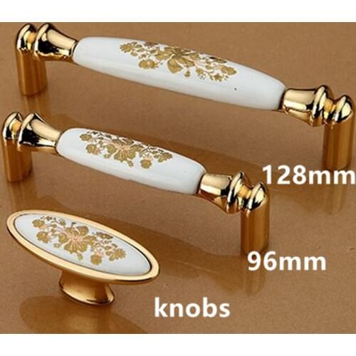 3.75" 5" golden flower ceramic drawer cabinet pulls knobs golden dresser door handles 128mm modern deluxe furniture handles 96mm
