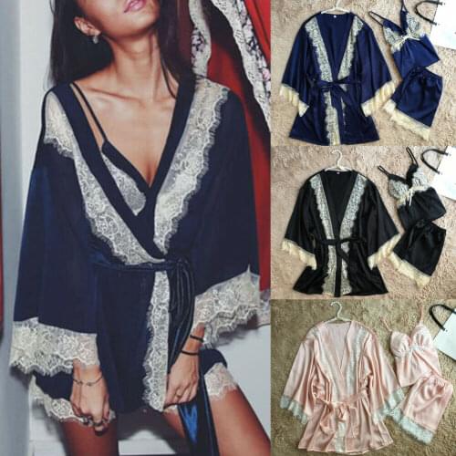 2019 Brand New Summer Ladies Women Sexy Slim 3pcs Satin Lace Sleeveless Sleepwear Babydoll Lingerie Nightdress Pajamas Set