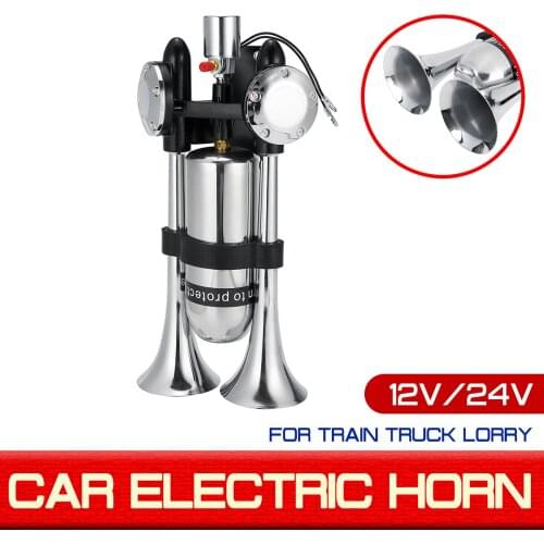 12V/24V 500DB Dual Trumpet Electric Horn Loud Chrome Air Horn Speaker Kit With Air Compressor For Train Truck Lorry