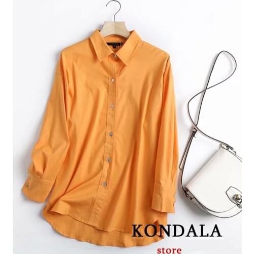 KONDALA 2021 New Fashion Women Spring Orange Solid Oversized Tshirt Cotton Thin And Light Linen Shirt Muje Tops Casual Blouses