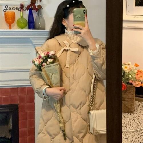 JuneRain Retro Girly Bow-Knot Cotton-Padded Jacket Vintage Winter New Sweet Korean Fashion Parkas Casual Street Padded Outwears