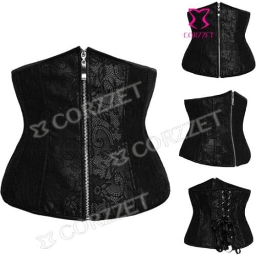 New Female Gothic Waist Trainer Corsets And Bustiers Black Zipper Lace Up Underbust Corset And Corselets corpetes e espartilhos