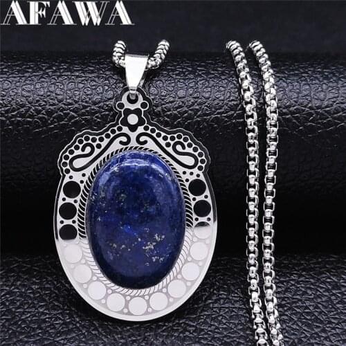 Bohemia Flower Oval Blue Natural Stone Stainless Steel Chain Necklace Women Silver Boho Jewelry collier boheme femme N2202S01